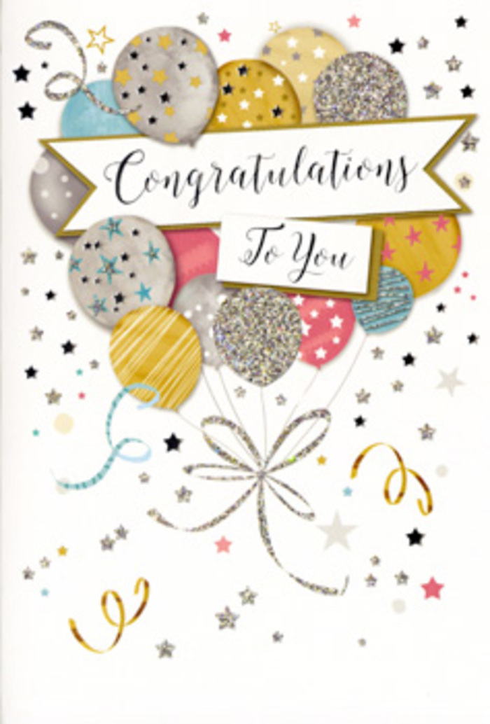 The congratulations card in this image feels like a small celebration captured in ink, the kind of thoughtful finishing touch you might add to a bouquet before it leaves a Bayswater doorstep for a proud new graduate or someone starting a job near Paddington. The design centres on a cluster of round balloons, their shapes overlapping to create depth and movement, as though they are drifting gently upward. Each balloon is rendered in soft, harmonious tones of brushed gold, polished silver, champagne, sky blue, warm pink, and gentle grey. Fine patterns of tiny stars, glimmering dots, and narrow stripes decorate their surfaces, suggesting subtle glitter and metallic foil that would catch the light as you tilt the card. Elegant gold and silver cords fall from the balloons, curling and looping before gathering into a loose tie near the base of the illustration, visually holding the whole celebration together. Across the middle, a graceful banner unfurls in a pale neutral shade, bearing the message Congratulations To You in an ornate yet easy-to-read script that feels both cheerful and respectful. Around the banner and balloons, miniature stars, flecks of confetti, and whimsical ribbon curls float against a soft, almost velvety background, as if drifting through the air after a party near Hyde Park or along Queensway. The overall atmosphere is light, airy, and quietly luxurious, similar to a carefully arranged floral display. It conveys joy, pride, and affection without being loud or overdone, making this card an ideal companion for congratulating someone in Bayswater on a promotion, passing exams, a new home, or any treasured life milestone.