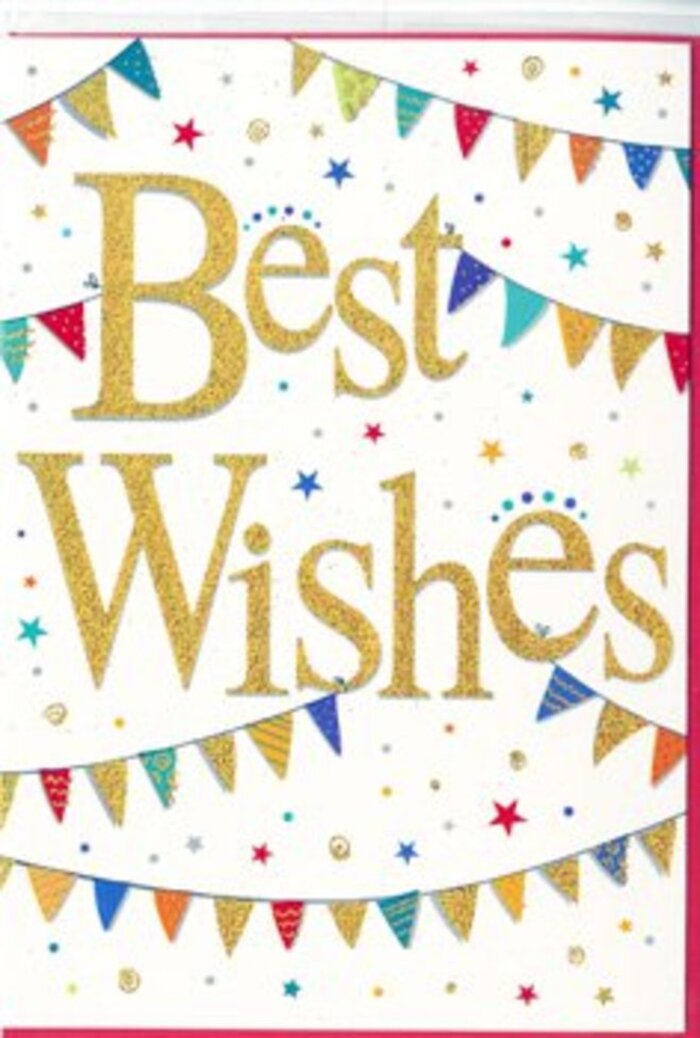 In this congratulations card, the mood is as upbeat and welcoming as an evening stroll through Bayswater when the lights begin to twinkle above bustling streets. At the heart of the design, the words Best Wishes curl across a pristine white background in lush, glittering gold script. The lettering looks slightly textured and embossed, giving it a tactile richness you can almost feel, like brushed metal or fine foil pressed into thick card stock. The gold gleam is warm rather than brash, catching the eye much as sunset glints along the white façades near Lancaster Gate. Framing this central message, strings of bunting sweep across the top and bottom in graceful arcs. Each tiny flag is painted in vibrant colours-ruby reds, sapphire blues, citrus yellows, fresh greens, and bright pinks-some filled with stripes, others with dainty dots or tiny tile-like motifs. The bunting appears to sway gently, evoking the relaxed happiness of outdoor celebrations in nearby Kensington Gardens or summer fairs along Queensway. Scattered throughout the white space are miniature stars and small confetti dots, some in soft metallic tones, others in coordinating brights. They create a lively sense of motion, as though the card has captured a single instant of joyful surprise. Despite the playful details, the overall composition feels refined, with ample white space keeping the design airy and modern. From the perspective of a local Bayswater florist, this card is ideal to slip alongside a bouquet marking an engagement, exam success, or a first flat near Westbourne Grove, conveying heartfelt congratulations with polished charm and an unmistakable air of celebration.