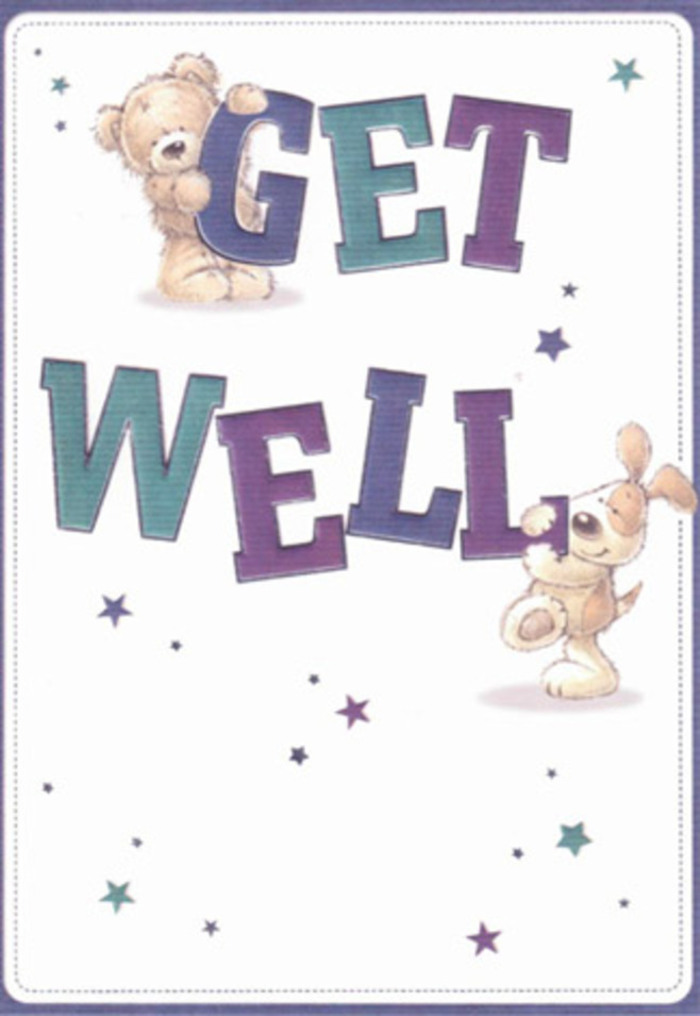 This get well card stands as a gentle token of encouragement, artfully portraying a sweet bear and a floppy-eared puppy at the centre of a playful dance of stars. The bear's plush fur and the puppy's velvety ears are rendered almost tangibly, conjuring images of comfort found in Bayswater's close-knit corners. Confident typography in shades of purple and aqua anchors the design, suggesting both strength and cheer-qualities often woven into a thoughtfully crafted get well arrangement from a local Bayswater florist. Starbursts in blues and purples whirl around the friends, like well wishes carried on a brisk Paddington morning breeze. There's a soft, tactile quality to the illustration, echoing the care and intention behind arranging each petal in a bouquet meant to soothe. Imagining this card delivered alongside fresh flowers here in Bayswater-perhaps to a loved one recuperating near Kensington Gardens-one senses how optimism and genuine compassion blend, filling the room with brightness and hope.