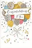 In this detailed congratulations card, the artwork captures the feeling of a joyful celebration unfolding just off Westbourne Grove or near the calm greenery of Hyde Park. The front is dominated by a generous bouquet of illustrated balloons, their rounded forms layered in a soft, rising arc that suggests gentle upward movement. The colour palette is restrained yet festive: warm golds and soft silvers balanced with champagne beige, sky blue, blush pink, and subtle grey. Each balloon carries its own personality, decorated with tiny metallic stars, fine pinstripes, or speckled glitter-like dots that hint at a tactile, slightly raised finish. Slender strings in shimmering gold and silver stream downwards, curling naturally and converging into a loose knot that gives the image structure. Floating across the middle of the design is a wide banner in a soft neutral tone, its edges gently curled as if caught in a light breeze. On the banner, the words Congratulations To You are written in elegant script, the lettering sweeping gracefully from left to right with a sense of warmth and sincerity. Around the central design, petite stars, confetti flecks, and curling ribbons are scattered across a pale, luminous background, echoing the playful energy of balloons bobbing above a party table in a Bayswater townhouse. The composition feels airy and uplifting, yet carefully balanced, like a thoughtfully curated arrangement from a local florist. It is easy to imagine this card tucked beside a bouquet delivered across Bayswater, ready to mark graduations, promotions, new ventures, or any cherished success that deserves a moment of heartfelt recognition.